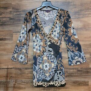 Hale Bob Shift Dress M Surplice Front Flare Sleeve V Neck Ruched Side Boho